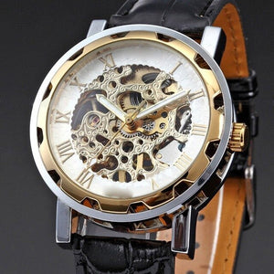 Men Gold Dial Skeleton Black Leather Mechanical Sport Army Wrist Watch