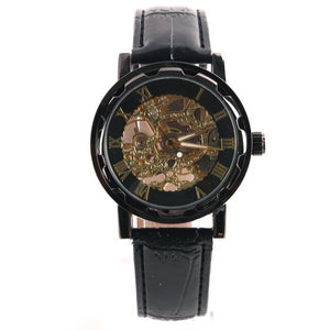 Men Gold Dial Skeleton Black Leather Mechanical Sport Army Wrist Watch