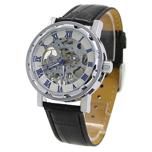 Classic Men Faux Leather Skeleton Hand-Wind Mechanical Sports Army Wrist Watch